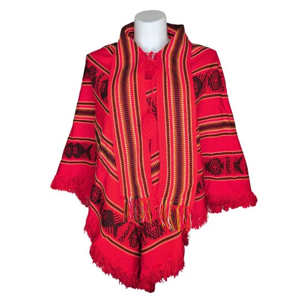 VTG Woven Poncho Cape Fringe Wrap Boho Andean Southwestern Wool Blend Cabincore - Picture 2 of 5